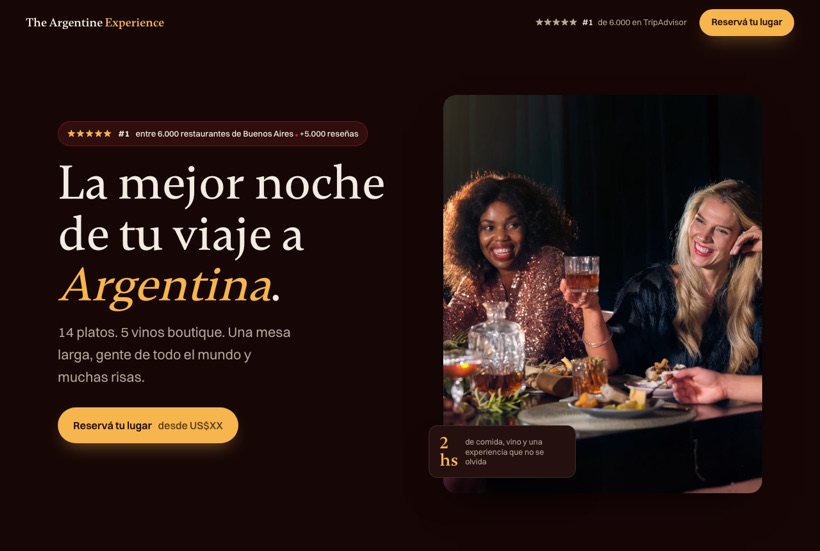 Web de The Argentine Experience, cena de 14 pasos en Buenos Aires